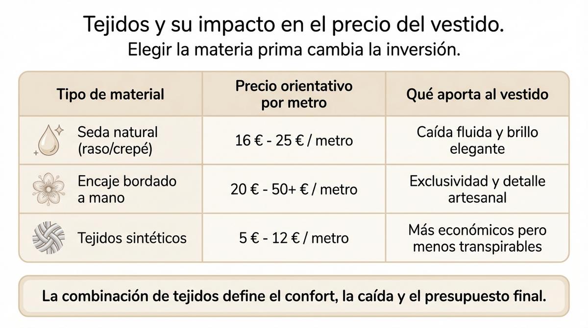 Infografía en formato tabla que compara seda natural, encaje bordado y tejidos sintéticos con sus precios y características.